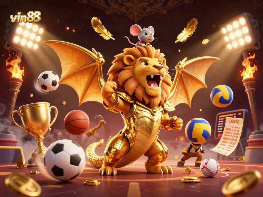 Bettors enjoy thrilling entertainment at vin 88 casino with roaring chimera and golden sports elements.