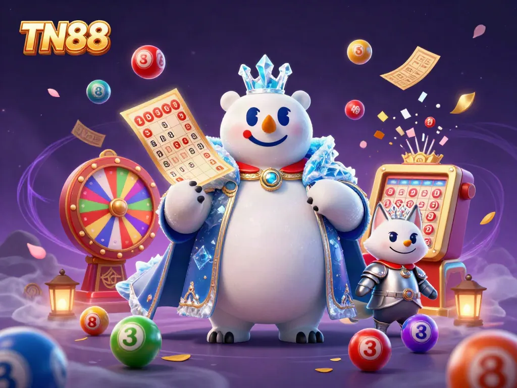 Engage with TN88 in a vibrant futuristic casino scene filled with colorful lottery elements and magical energy.