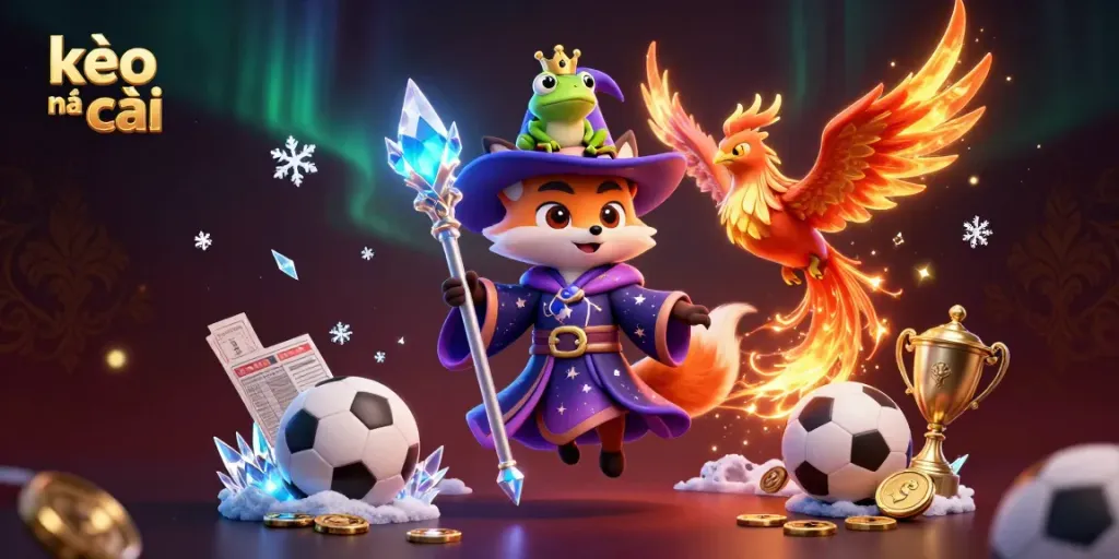 Engage with kèo nhà cái through vibrant sports betting scenes featuring a wizard fox and phoenix.