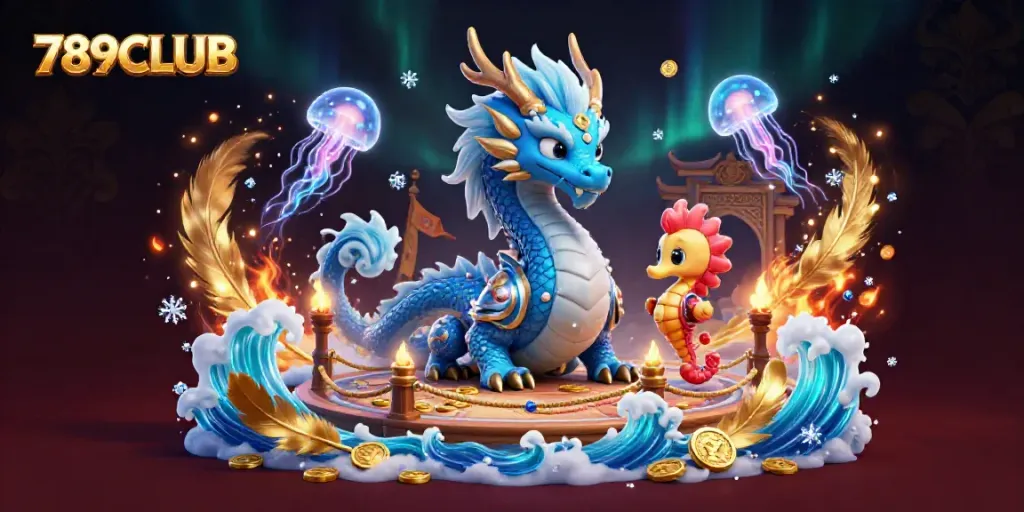 Experience the thrilling world of 789CLUB with a vibrant dragon and sea-themed digital illustration.