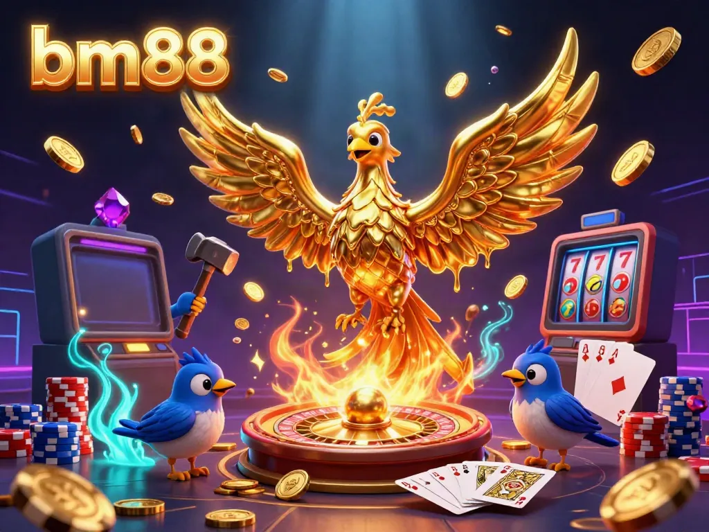 Experience the vibrant 3D cartoon scene of bm88, featuring a golden phoenix and poker elements.