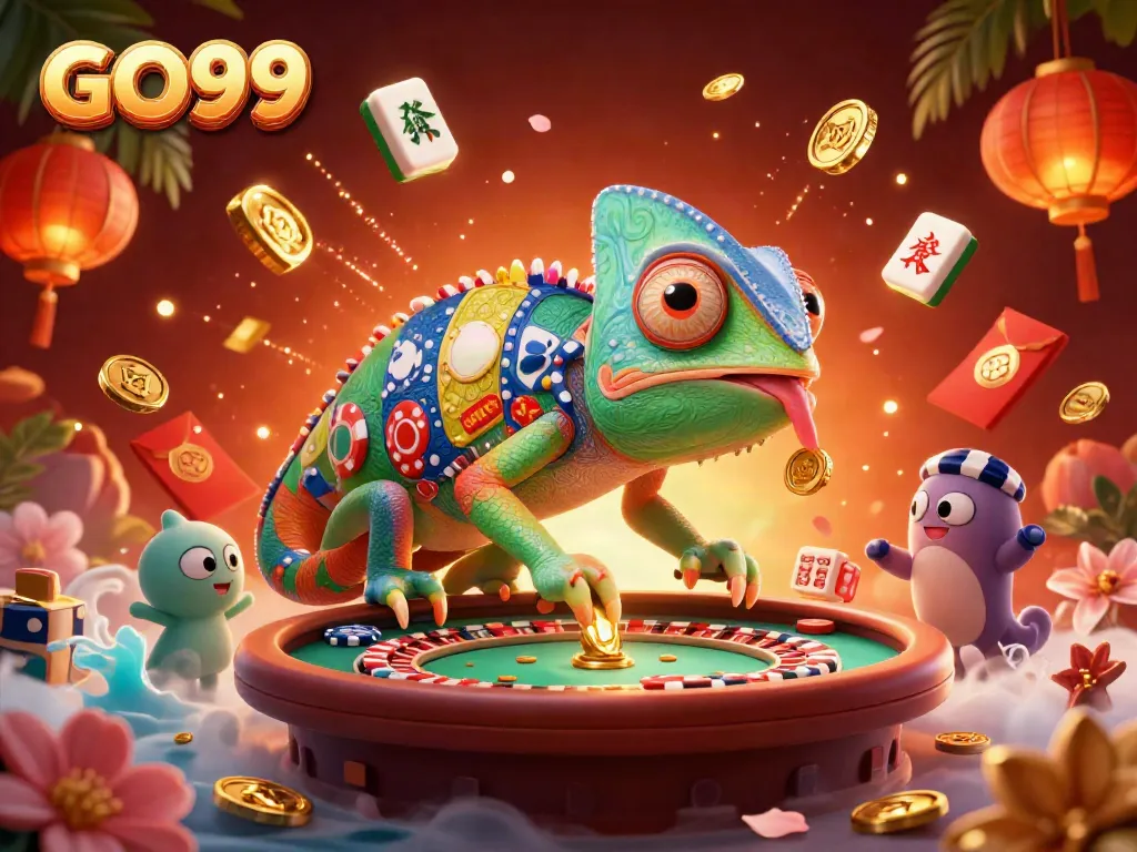 Engage in winning strategies with GO99 at the colorful casino, featuring dynamic chameleon elements.