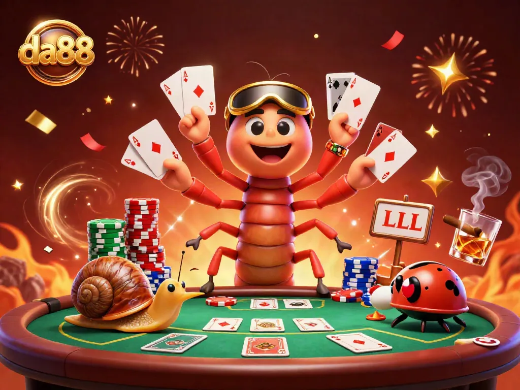 Engage in thrilling da88 poker action with a colorful millipede dealer and high-roller snail!