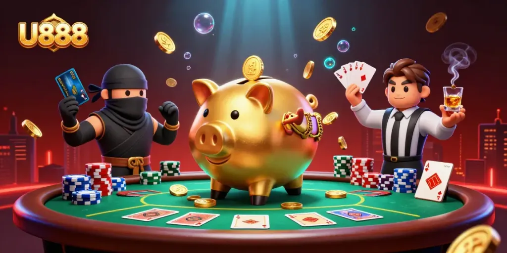 Interact with U888's dynamic casino scene featuring a sumo wrestler, ninja, and samurai.