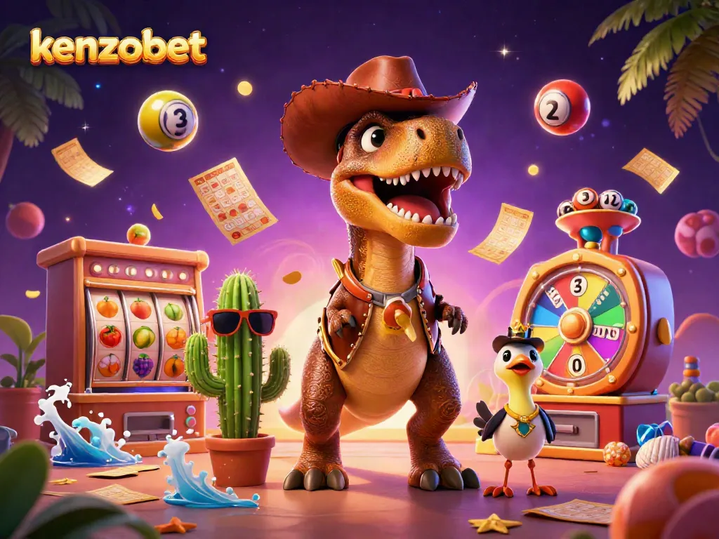 Kenzobet impresses with engaging arcade action featuring dynamic scenes with a cartoon dinosaur, cactus character, and game elements.