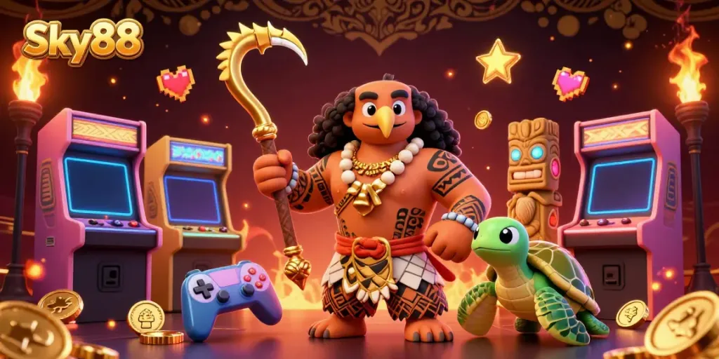 Experience the vibrant world of Sky88, featuring a demigod hawk and retro gaming elements in a rich casino atmosphere.
