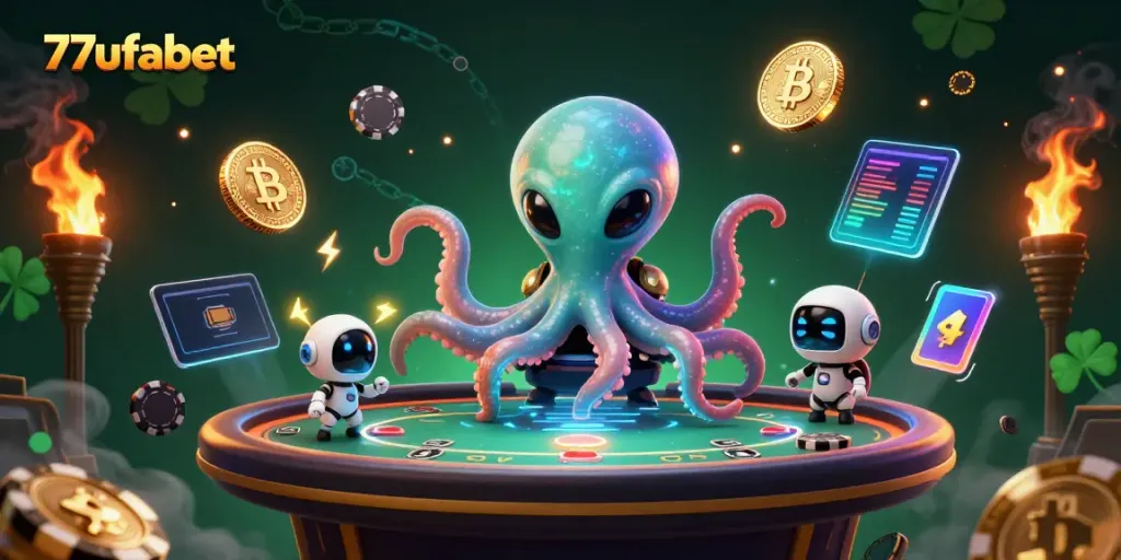 Engage in exciting gaming with 77ufabet and a vibrant 3D octopus scene at a cosmic poker table.