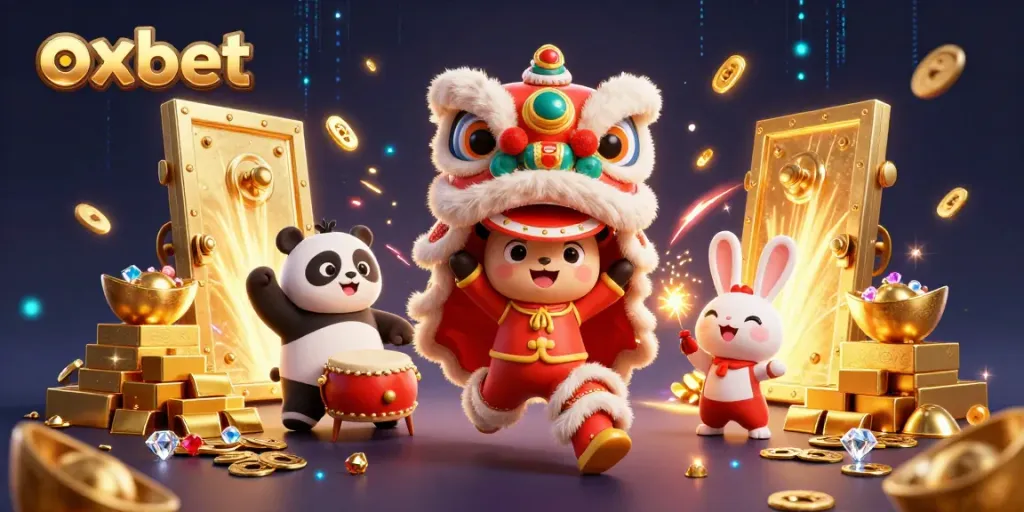 Experience exciting online gaming thrills with oxbet's vibrant casino scene featuring colorful characters and treasures.