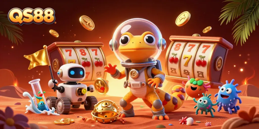 Engage with QS88's thrilling slot games through a vibrant Martian casino adventure scene.