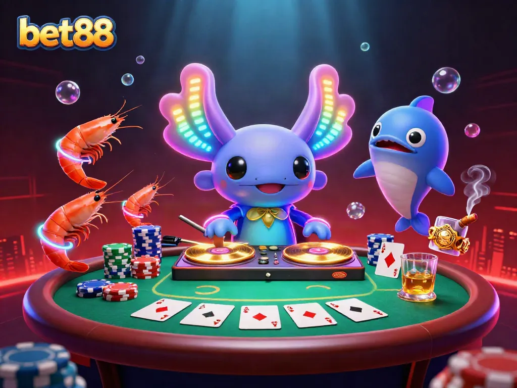 Experience the vibrant world of betting with bet88, featuring a colorful axolotl DJ and interactive poker scene.