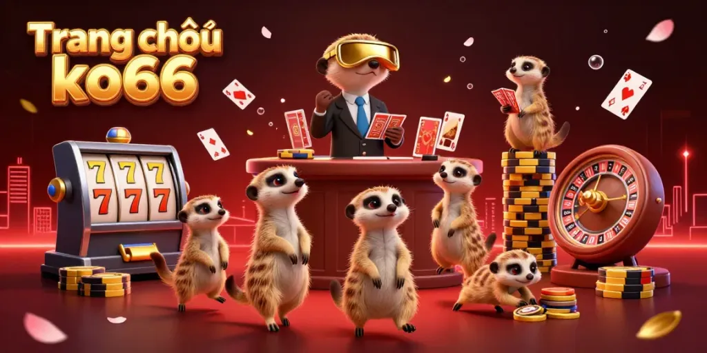 Experience excitement at Trang chủ ko66 with cartoon meerkats in a vibrant casino scene featuring games and dazzling elements.