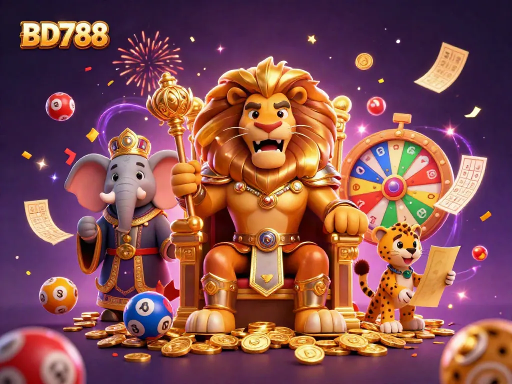 Experience the excitement of BD788 with vibrant casino elements and lively characters celebrating together.