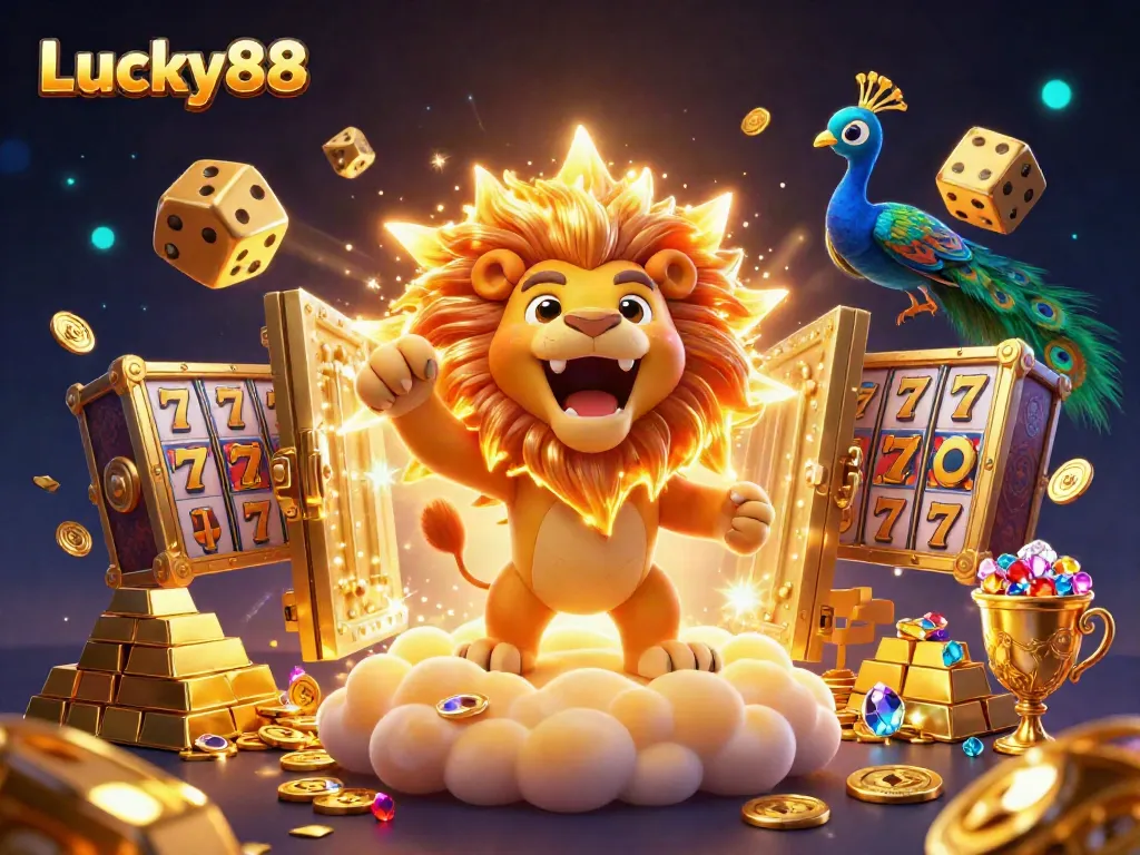 Experience winning excitement at Lucky88 with a vibrant 3D illustration of gaming fun and treasures.