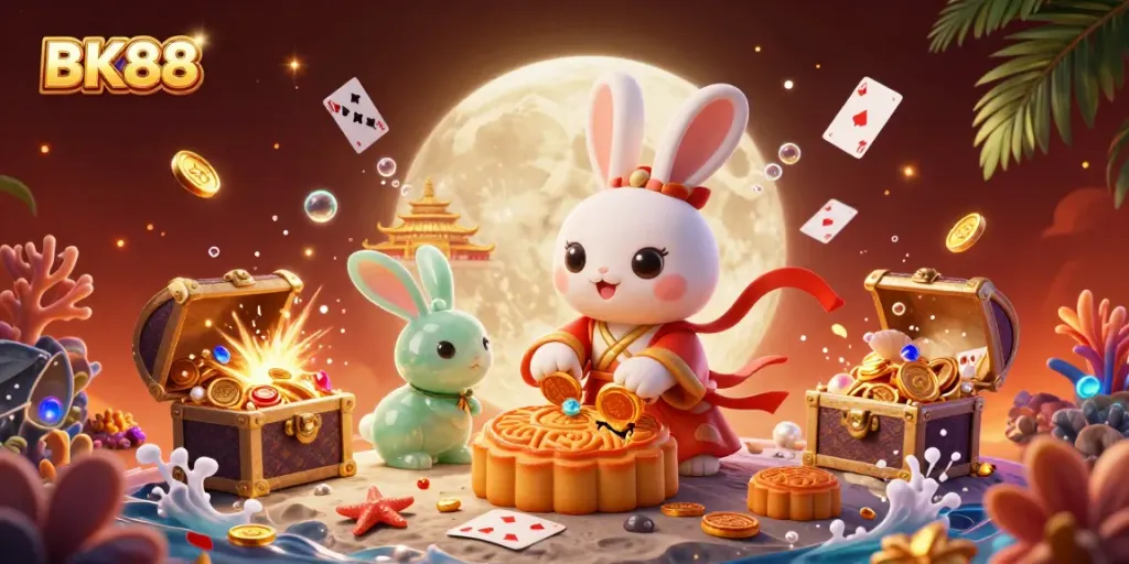 Experience the adventure of BK88, where a moon rabbit and companions reveal poker chips in an enchanting lunar casino.