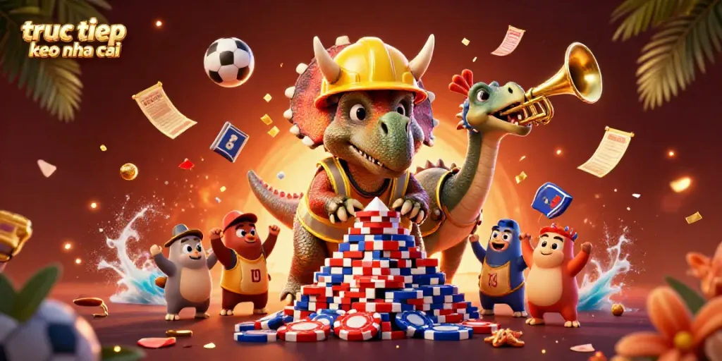 Experience the excitement of truc tiep keo nha cai with dynamic characters celebrating around vibrant sports betting elements