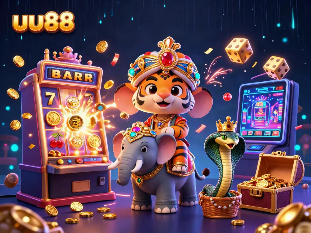 Experience the thrill of uu88 with a vibrant 3D casino scene featuring rich colors and dynamic slot elements.