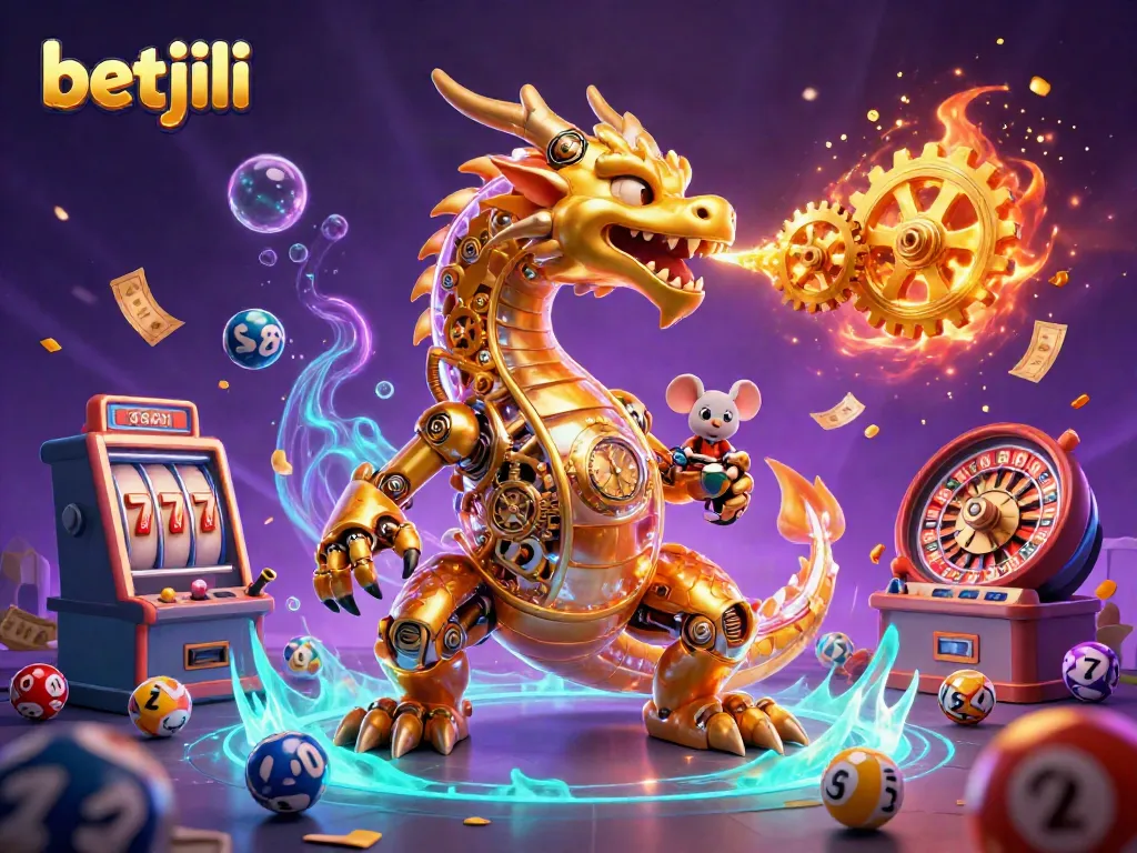 Experience the magic of betjili with a golden dragon amidst colorful gaming elements.