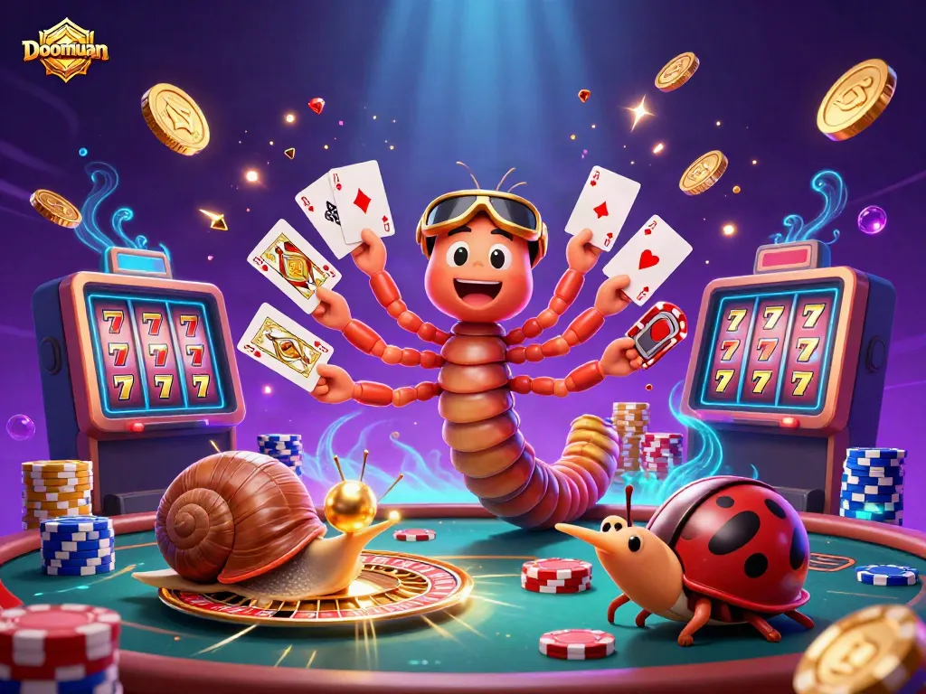 Doomuan showcases vibrant casino action with a millipede dealer, high-roller snail, and pill bug in an exciting gambling scene.