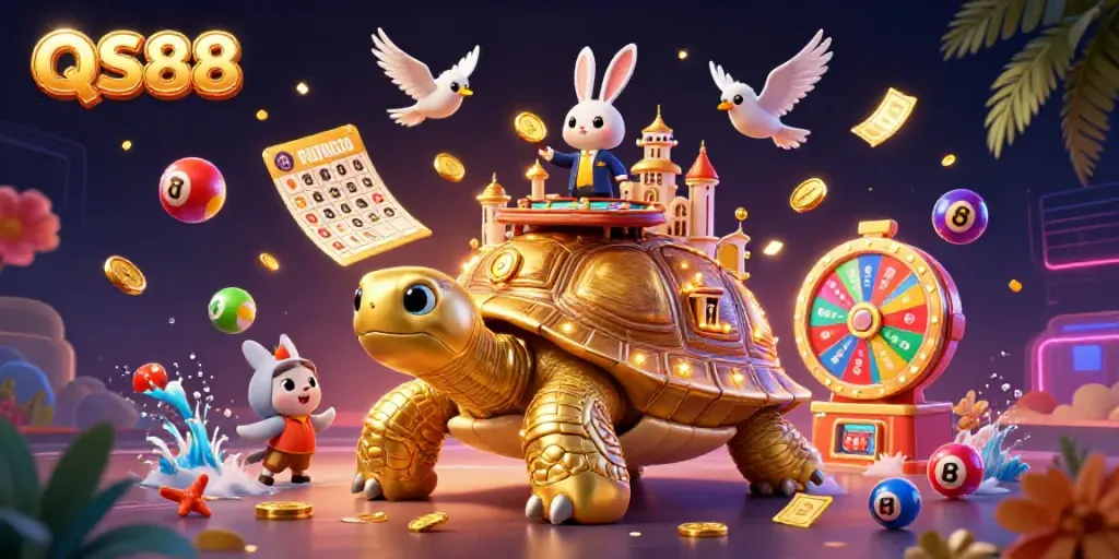 Experience festive gaming excitement at QS88 with vibrant lottery elements and engaging characters.
