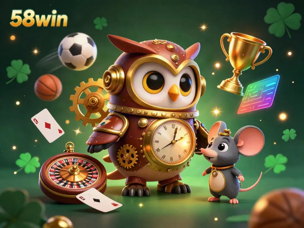 Experience thrilling gameplay with 58win through a vibrant 3D illustration featuring casino elements.