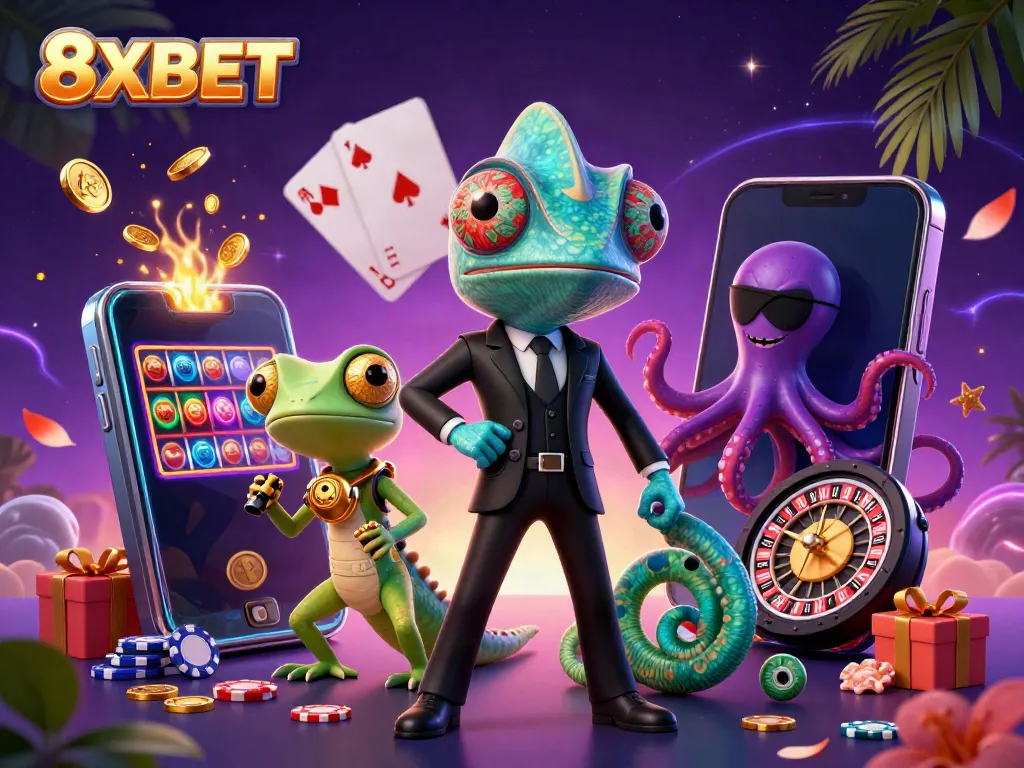Experience thrilling action with 8XBET in this vibrant 3D casino scene featuring colorful gaming elements.