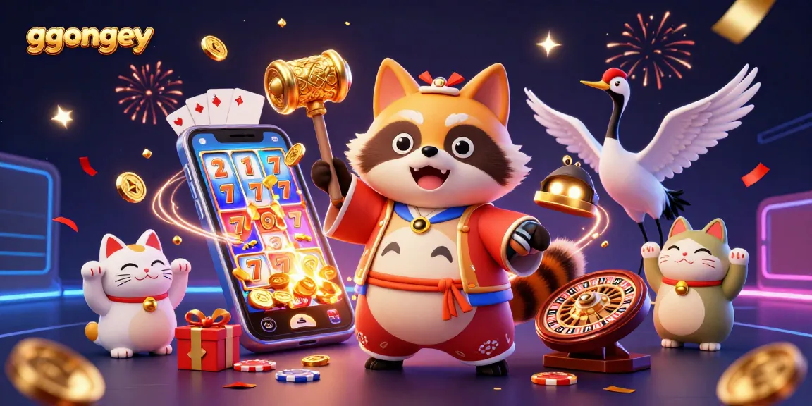 Engage with ggongey and enjoy the vibrant 3D casino scene with a cheerful tanuki and festive elements.