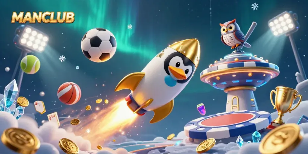 Engage with the MANCLUB by enjoying vibrant games featuring a golden penguin and casino-themed elements.