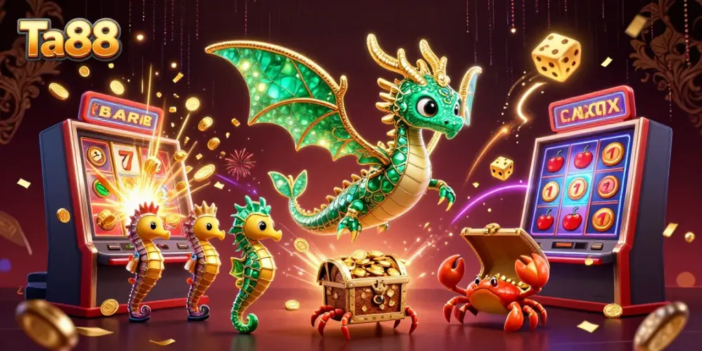 Experience excitement at Ta88 with vibrant slots and whimsical underwater characters in a casino-themed illustration.