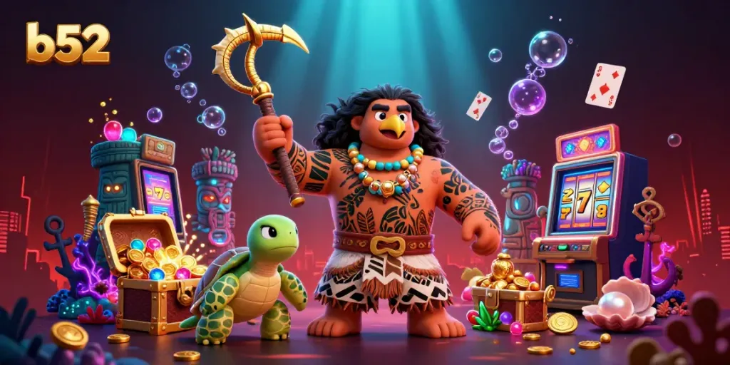 Engage in thrilling b52 casino action with a vibrant underwater scene featuring a hawk demigod and treasures.