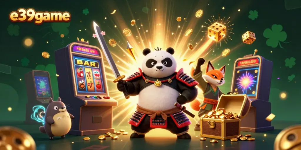 Engage in thrilling gameplay at e39game with vibrant graphics featuring a samurai panda and exciting casino elements.