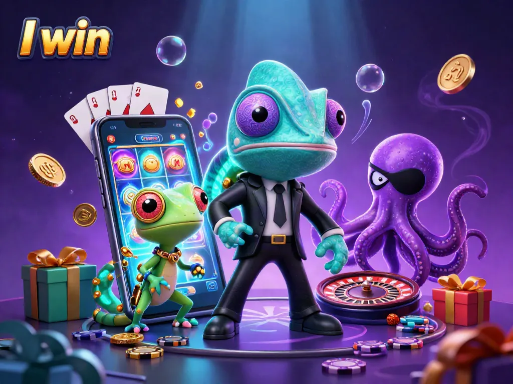 Engaging 3D illustration showcasing "I win" characters in a dynamic casino scene with vibrant slot games and poker elements.