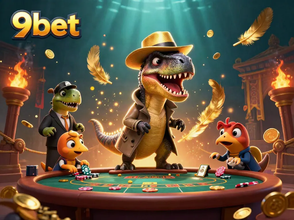 Experience thrilling gameplay at 9bet with a cartoon velociraptor at a blackjack table.