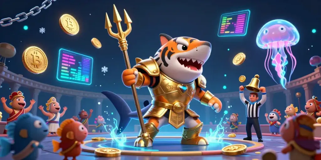 Engage with the immersive world of hm88 featuring a tiger shark gladiator in an underwater casino with crypto elements.