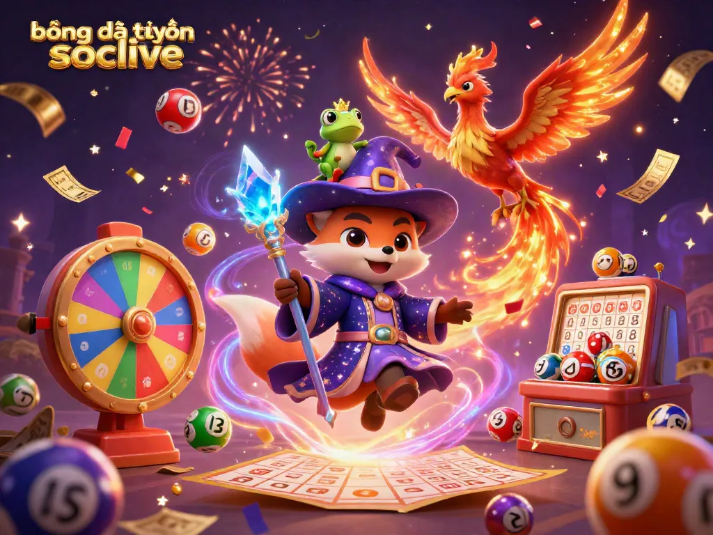 Experience vibrant bóng đá trực tuyến socolive with a magical wizard fox and phoenix in a festive celebration.